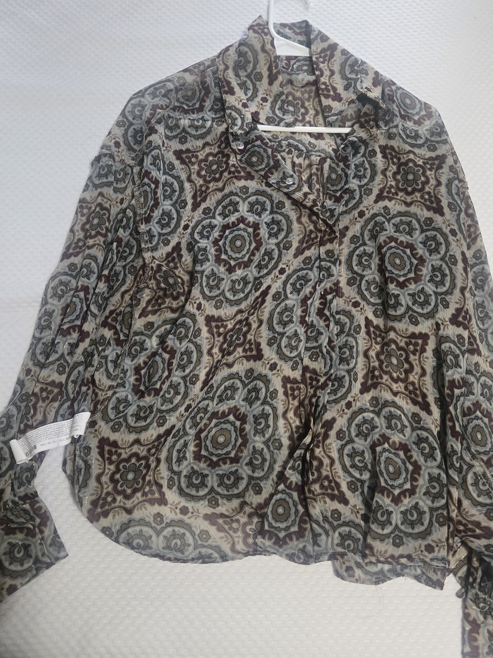 Zara Sheer Medallion-Print Button Front Blouse in Brown and Gray